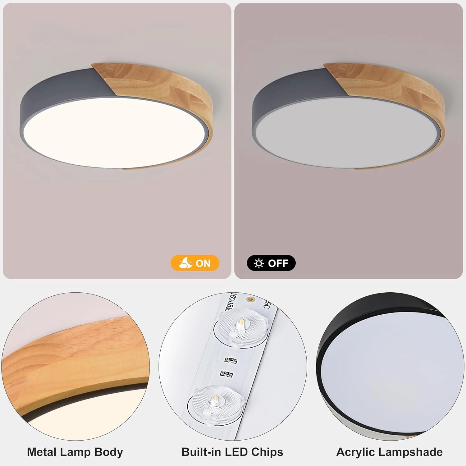 Vikaey Modern LED Ceiling Light, Minimalist Wood Flush Mount Ceiling Light Fixture, 4000K Not Dimmable, Circle Lighting Lamp with Acrylic Lampshade for Bedroom Dining Room Laundry (Grey, 11.8'')