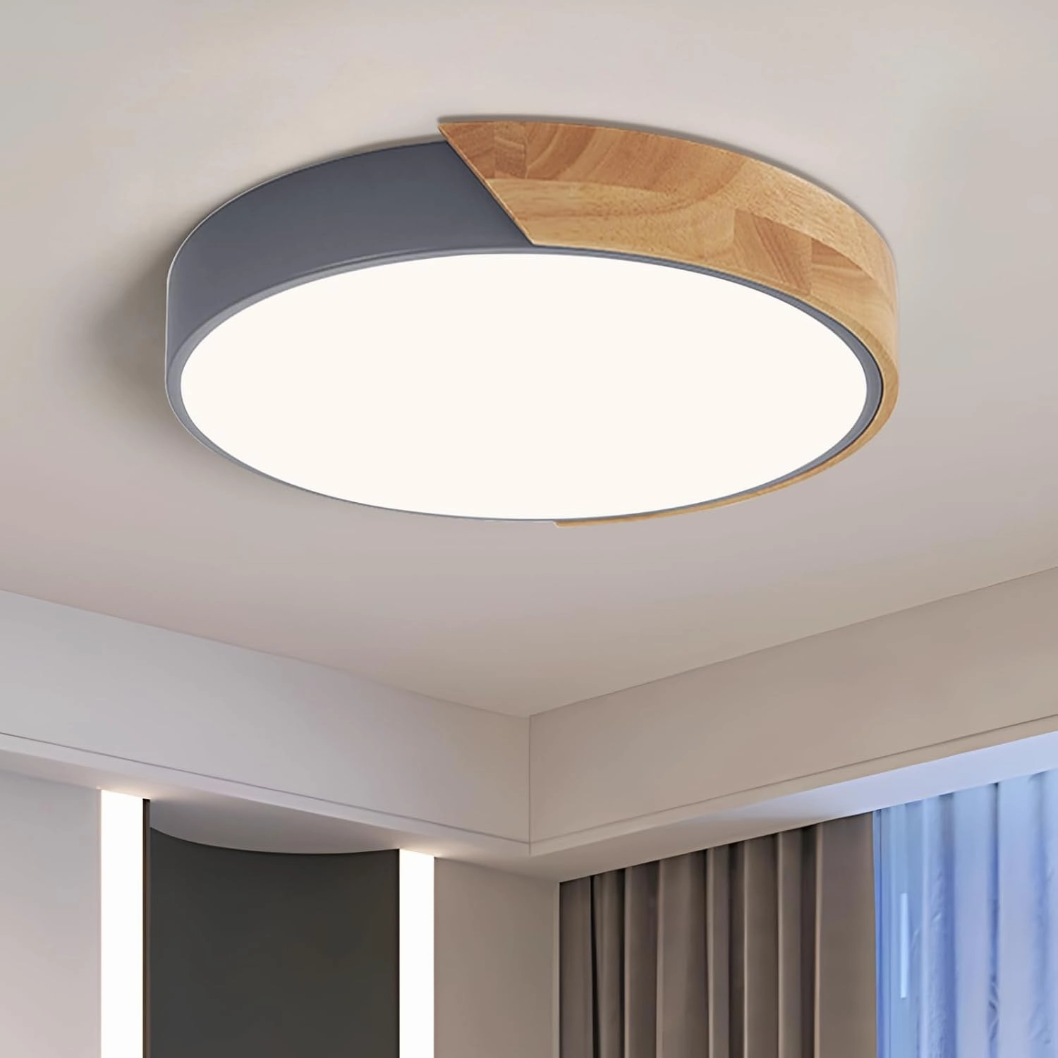 Vikaey Modern LED Ceiling Light, Minimalist Wood Flush Mount Ceiling Light Fixture, 4000K Not Dimmable, Circle Lighting Lamp with Acrylic Lampshade for Bedroom Dining Room Laundry (Grey, 11.8'')