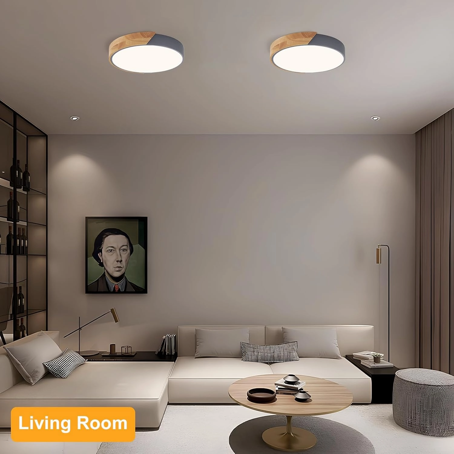 Vikaey Modern LED Ceiling Light, Minimalist Wood Flush Mount Ceiling Light Fixture, 4000K Not Dimmable, Circle Lighting Lamp with Acrylic Lampshade for Bedroom Dining Room Laundry (Grey, 11.8'')