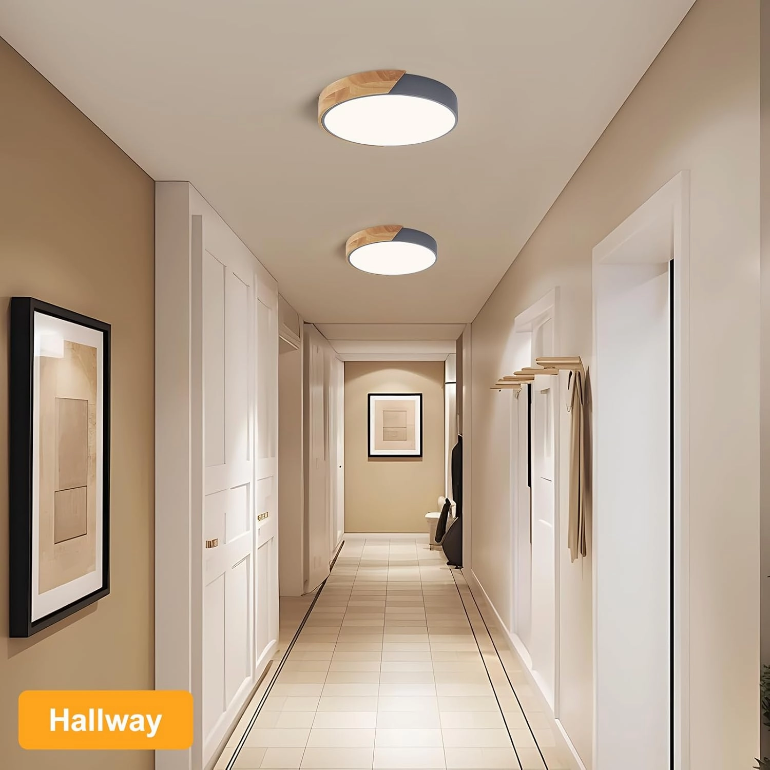 Vikaey Modern LED Ceiling Light, Minimalist Wood Flush Mount Ceiling Light Fixture, 4000K Not Dimmable, Circle Lighting Lamp with Acrylic Lampshade for Bedroom Dining Room Laundry (Grey, 11.8'')