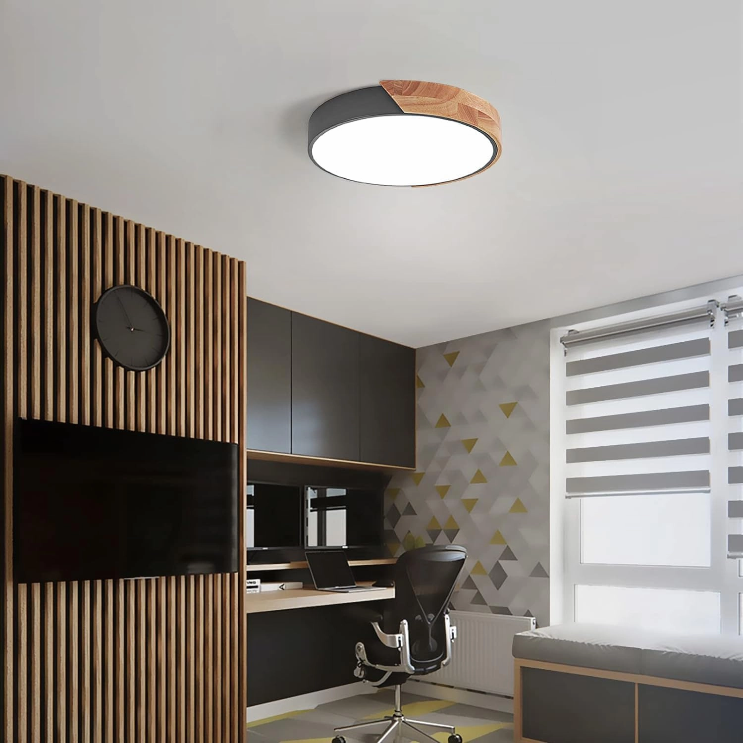 Vikaey Modern LED Ceiling Light, Minimalist Wood Flush Mount Ceiling Light Fixture, 4000K Not Dimmable, Circle Lighting Lamp with Acrylic Lampshade for Bedroom Dining Room Laundry (Grey, 11.8'')
