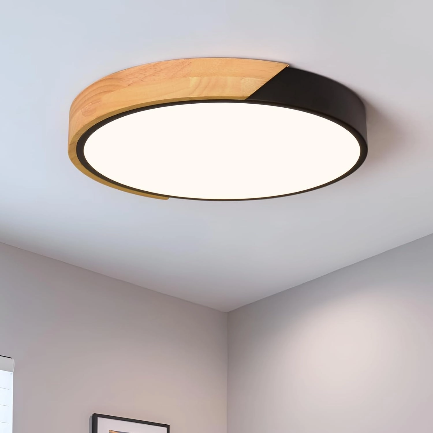 Vikaey Modern LED Ceiling Light, Minimalist Wood Flush Mount Ceiling Light Fixture, 4000K Not Dimmable, Circle Lighting Lamp with Acrylic Lampshade for Bedroom Laundry Room Hallway (Black,11.8")