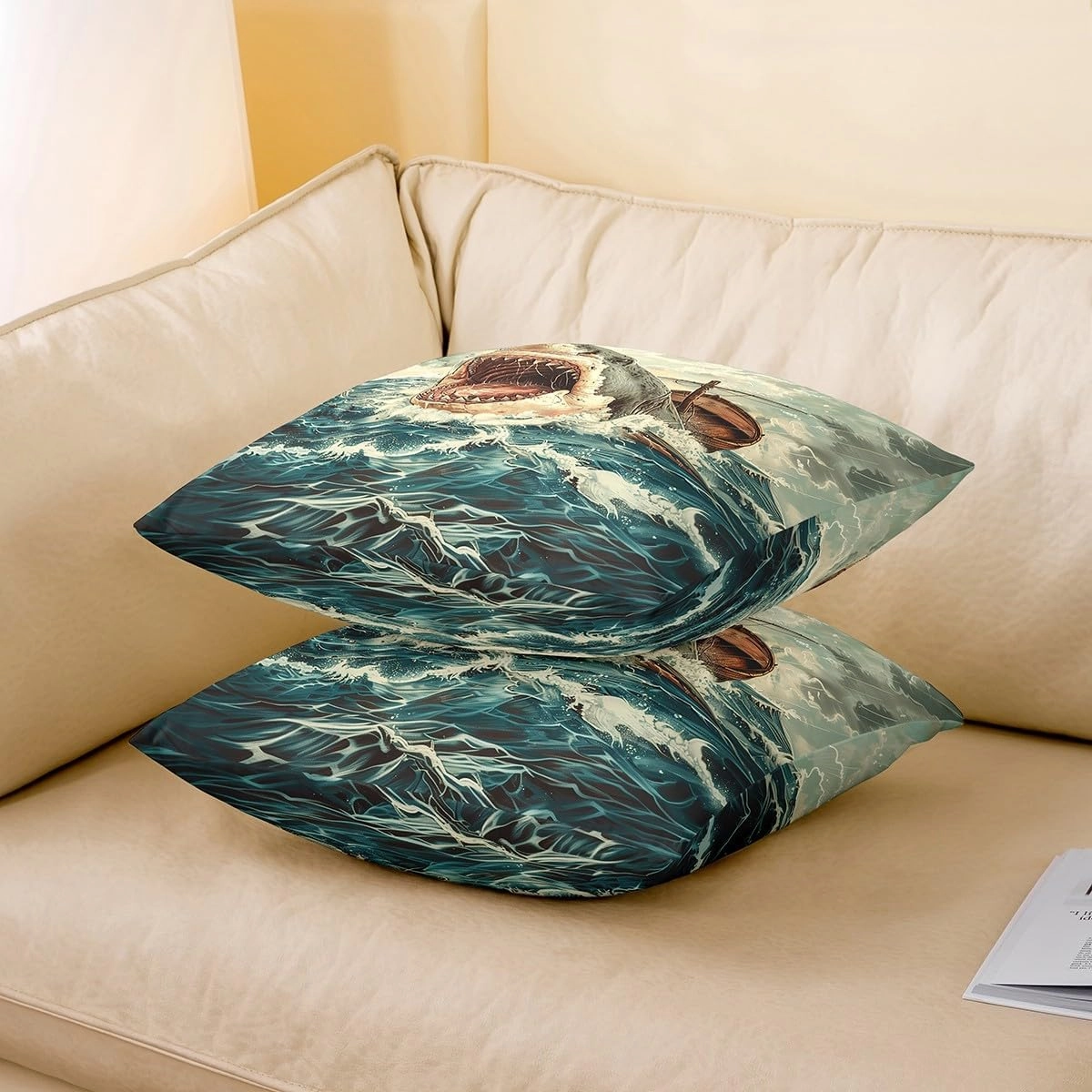 Vintage Country Ocean Throw Pillow Covers,Nautical Adventure Sealife Shark 3D Pattern Cushion Covers 16"x16" for Camper Office,Retro Abstract Sea Wave Cartoon Graffiti Pillowcases Set of 2
