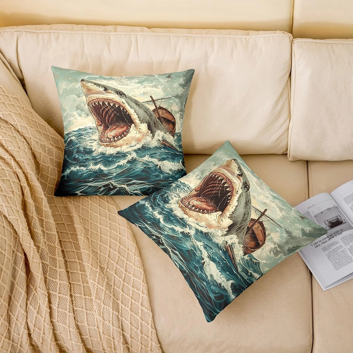 Vintage Country Ocean Throw Pillow Covers,Nautical Adventure Sealife Shark 3D Pattern Cushion Covers 16"x16" for Camper Office,Retro Abstract Sea Wave Cartoon Graffiti Pillowcases Set of 2