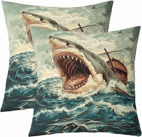 Vintage Country Ocean Throw Pillow Covers,Nautical Adventure Sealife Shark 3D Pattern Cushion Covers 16"x16" for Camper Office,Retro Abstract Sea Wave Cartoon Graffiti Pillowcases Set of 2