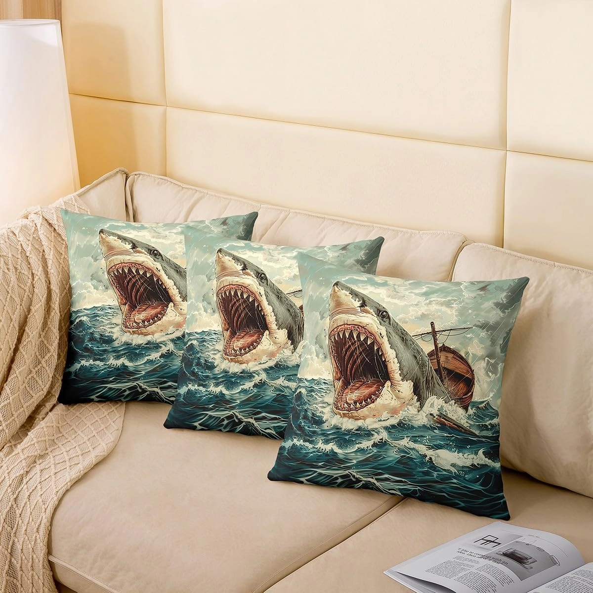 Vintage Country Ocean Throw Pillow Covers,Nautical Adventure Sealife Shark 3D Pattern Cushion Covers 16"x16" for Camper Office,Retro Abstract Sea Wave Cartoon Graffiti Pillowcases Set of 2