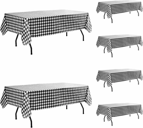 Vinyl Table Cloth with Flannel Backing-6 Pack Black & White 60x84 Inch Waterproof Checkered Plaid Plastic Rectangle Tablecloth-Wipeable Oilcloth Dining Table Cover for Picnic Party Camping