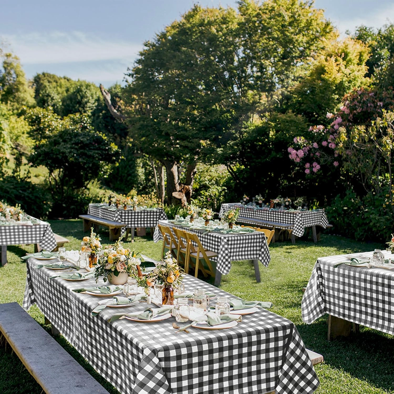 Vinyl Table Cloth with Flannel Backing-6 Pack Black & White 60x84 Inch Waterproof Checkered Plaid Plastic Rectangle Tablecloth-Wipeable Oilcloth Dining Table Cover for Picnic Party Camping