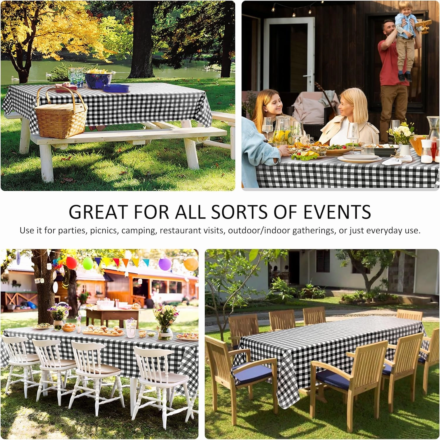 Vinyl Table Cloth with Flannel Backing-6 Pack Black & White 60x84 Inch Waterproof Checkered Plaid Plastic Rectangle Tablecloth-Wipeable Oilcloth Dining Table Cover for Picnic Party Camping