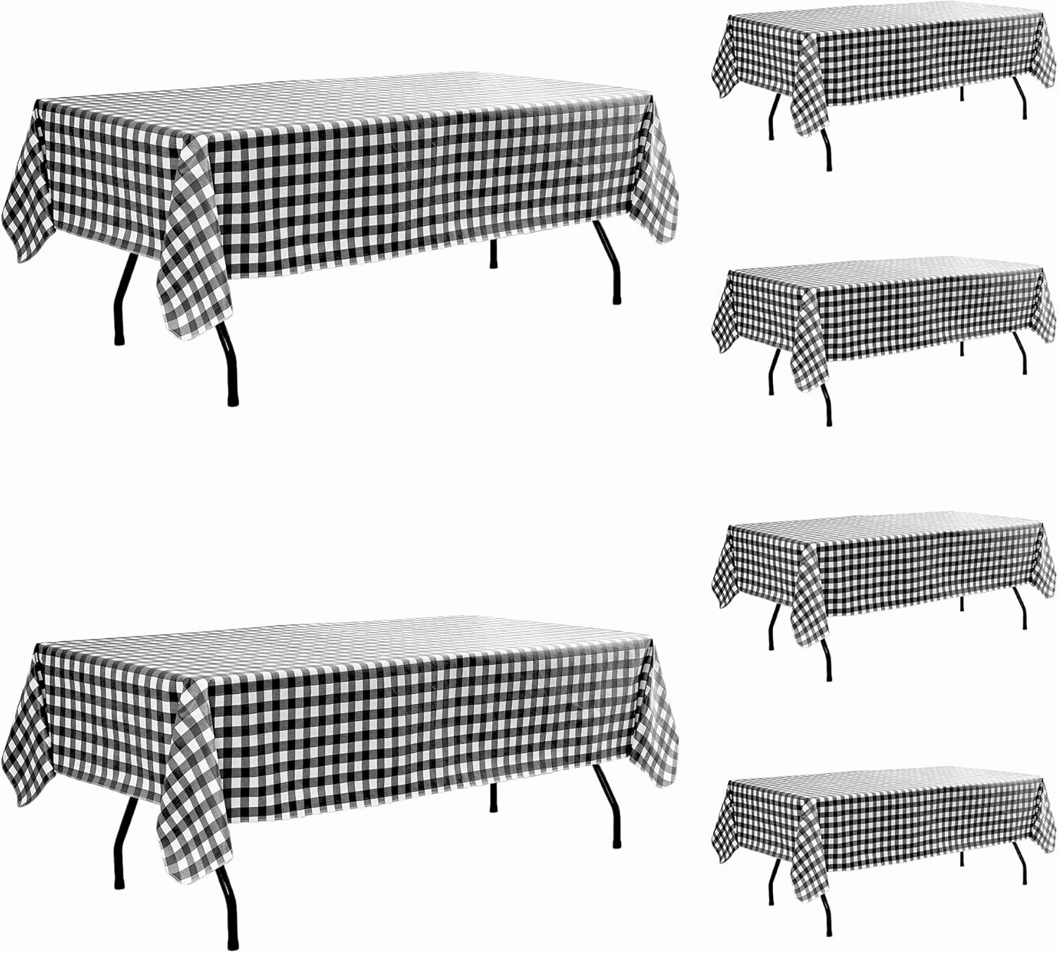 Vinyl Table Cloth with Flannel Backing-6 Pack Black & White 60x84 Inch Waterproof Checkered Plaid Plastic Rectangle Tablecloth-Wipeable Oilcloth Dining Table Cover for Picnic Party Camping