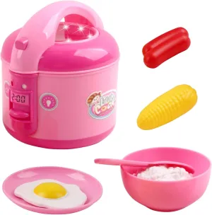 Vokodo Kids Rice Cooker Compact Size Kitchen Playset with Food Pieces Pretend Play Chef Appliances Early Learning Preschool Cooking Toy Battery Operated Great Gift for Children Boys Girls Toddlers