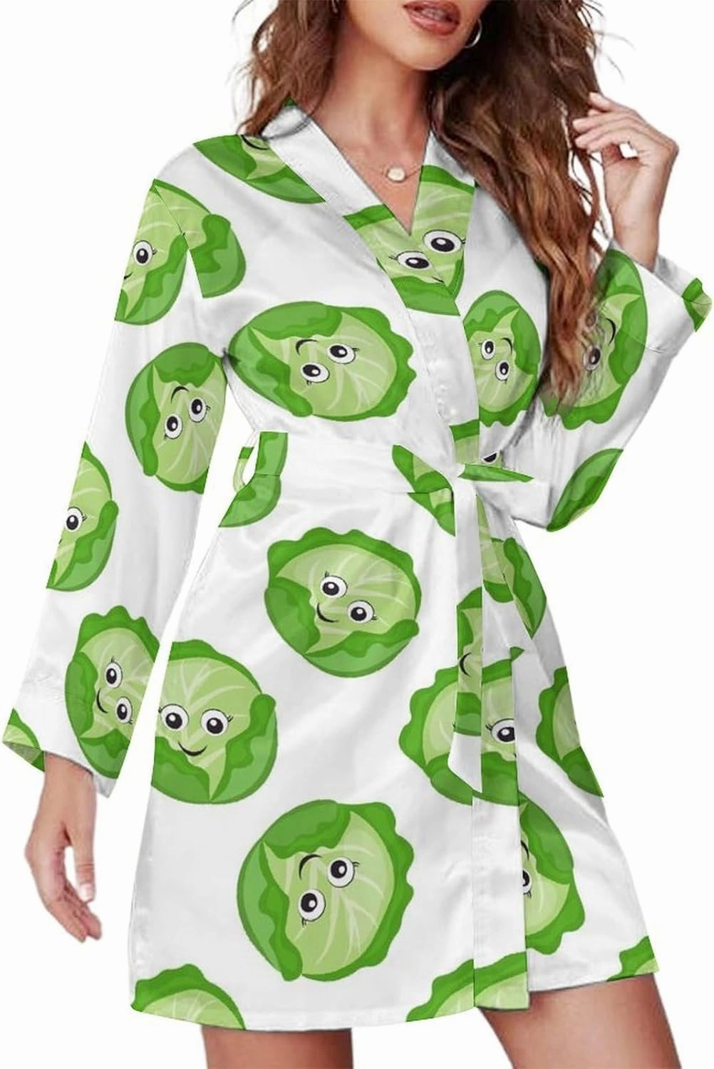 VOSERY Long Sleeve Short Robes for Women - Bright Cabbage Cute Eyes Funny Belted Bathrobe Nightgown Sleepwear Loungewear