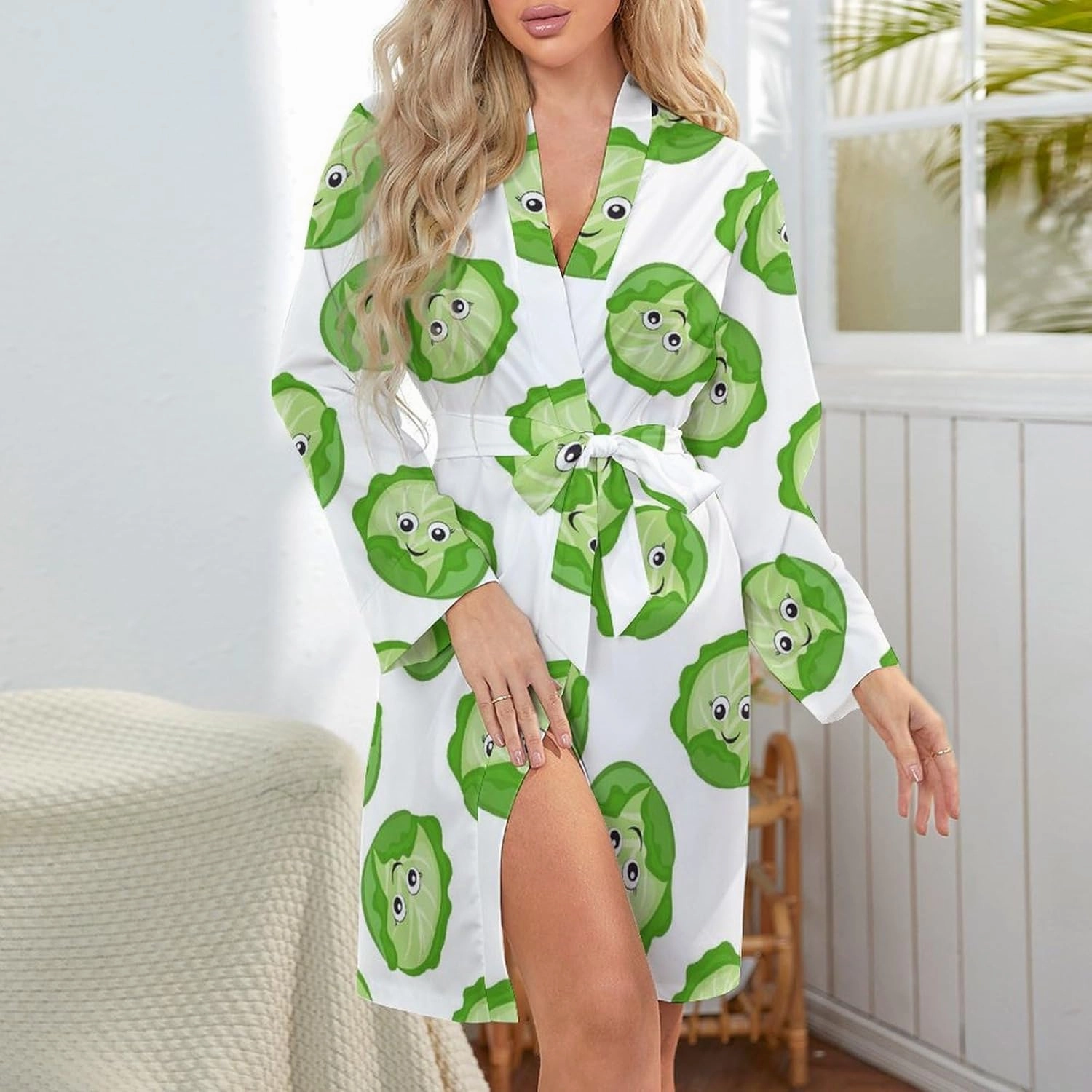 VOSERY Long Sleeve Short Robes for Women - Bright Cabbage Cute Eyes Funny Belted Bathrobe Nightgown Sleepwear Loungewear