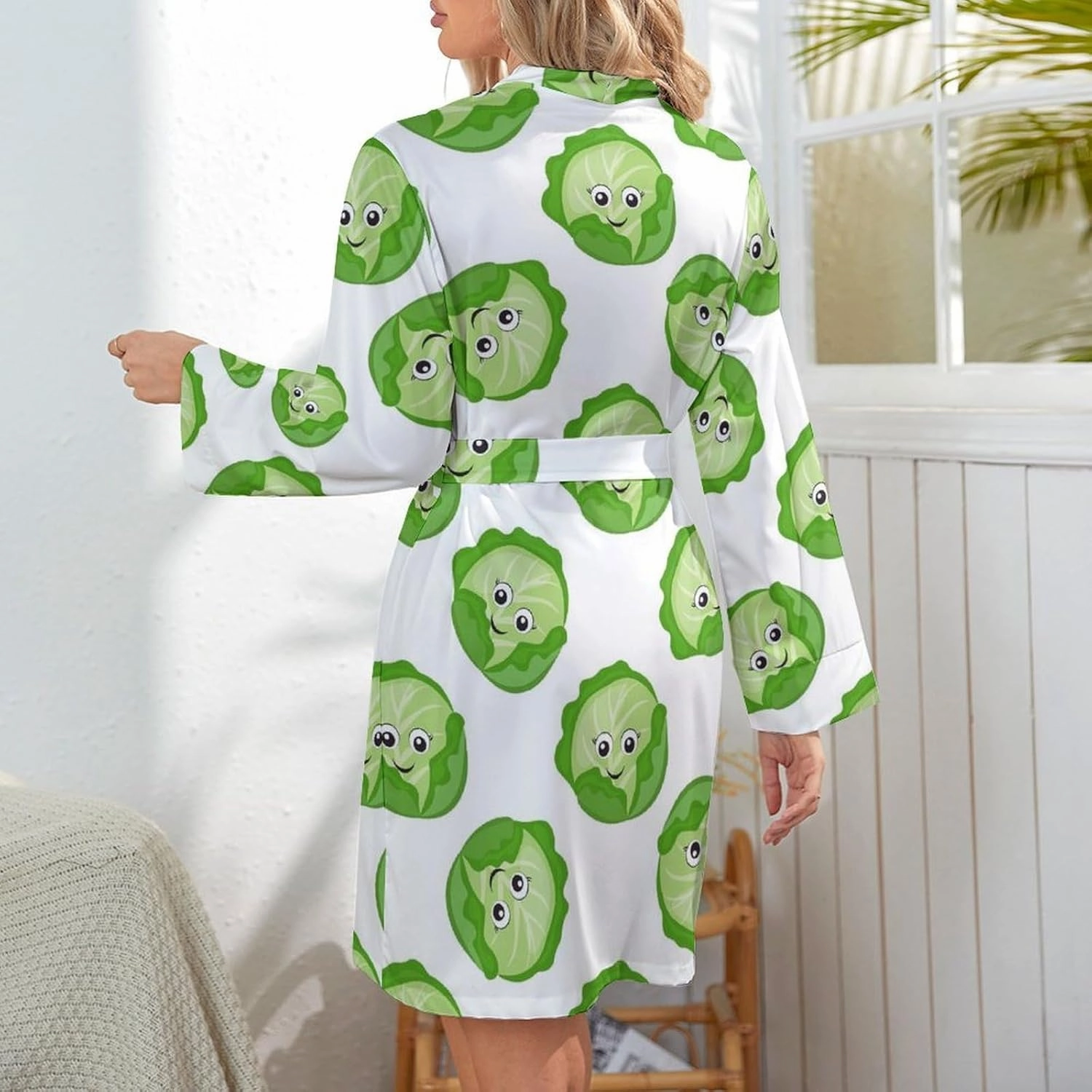 VOSERY Long Sleeve Short Robes for Women - Bright Cabbage Cute Eyes Funny Belted Bathrobe Nightgown Sleepwear Loungewear