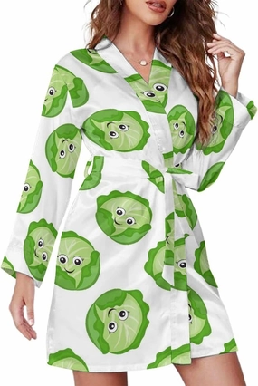 VOSERY Long Sleeve Short Robes for Women - Bright Cabbage Cute Eyes Funny Belted Bathrobe Nightgown Sleepwear Loungewear