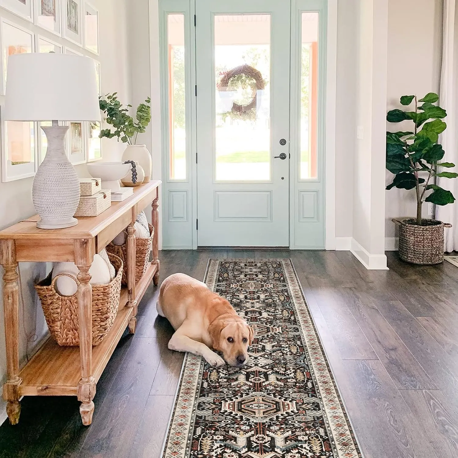 Washable Kitchen Runner Rug - 2x10 Hallway Rug Distressed Mats Non-Slip Soft Room Floor Carpet for Dining Room (Black, 2 x 10)