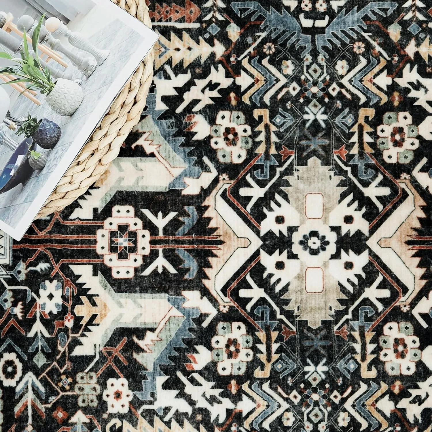 Washable Kitchen Runner Rug - 2x10 Hallway Rug Distressed Mats Non-Slip Soft Room Floor Carpet for Dining Room (Black, 2 x 10)