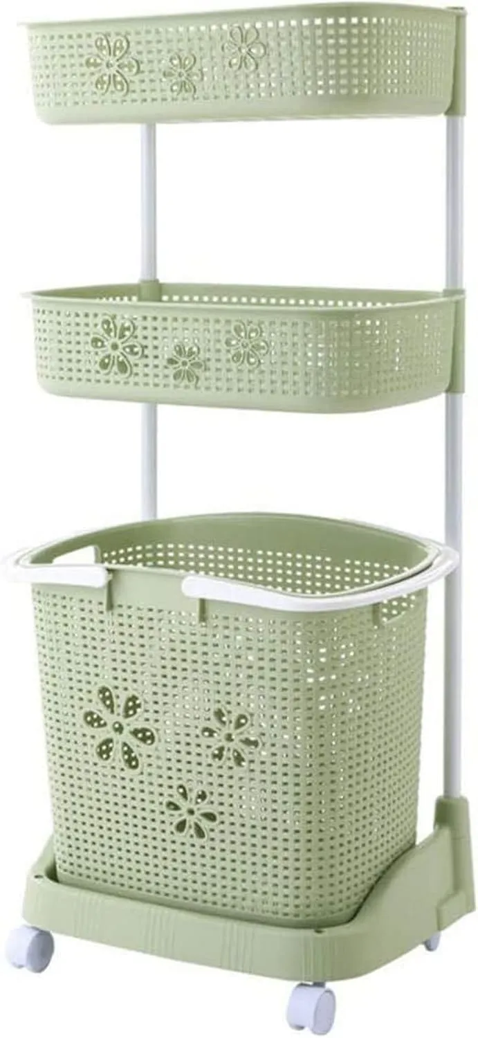 washing basket on wheels Plastic large Removable laundry hamper Space-saving multi-function for bedroom bathroom-green_3 Tier Laundry Hamper Dirty Clothes Bag