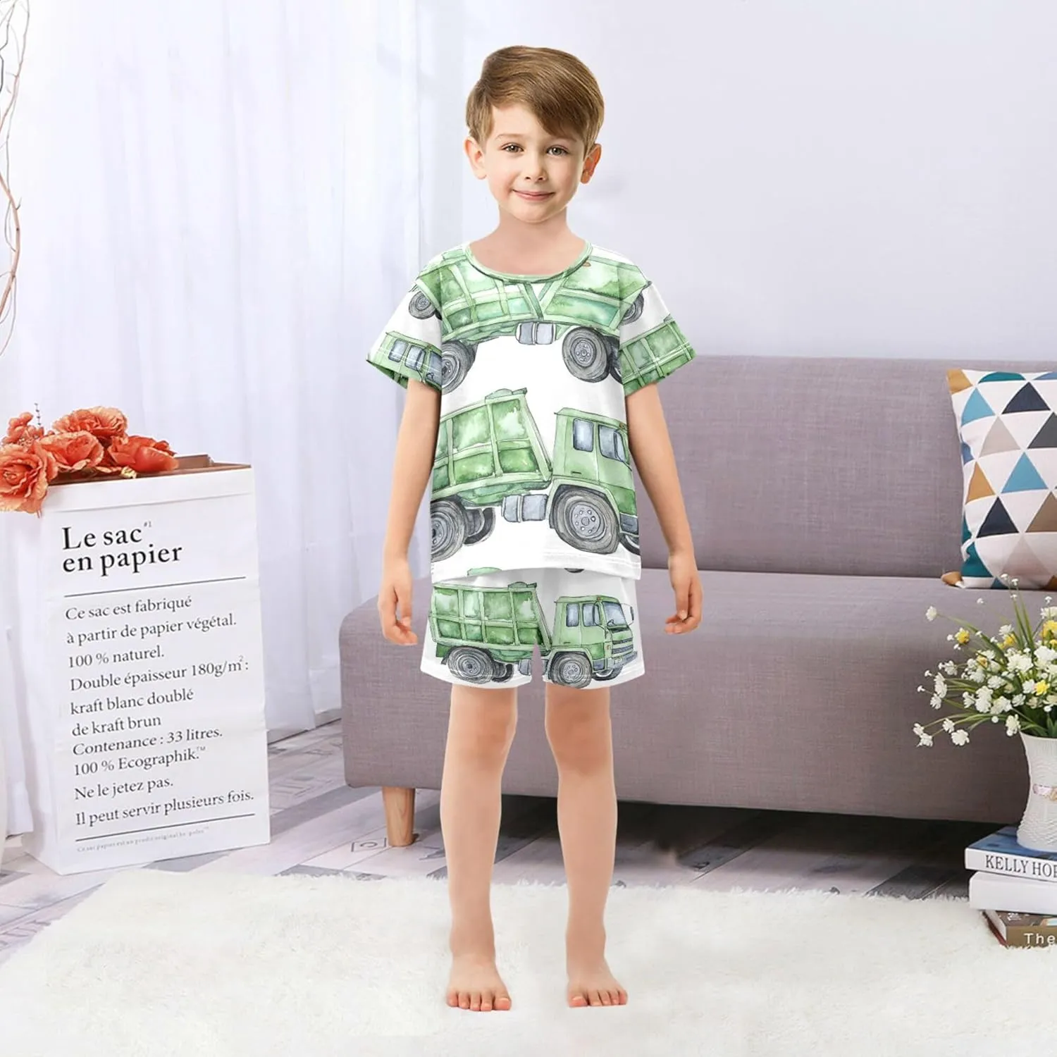 Watercolor Garbage Truck Summer Pajamas Short Set 2 Piece Sleepwear