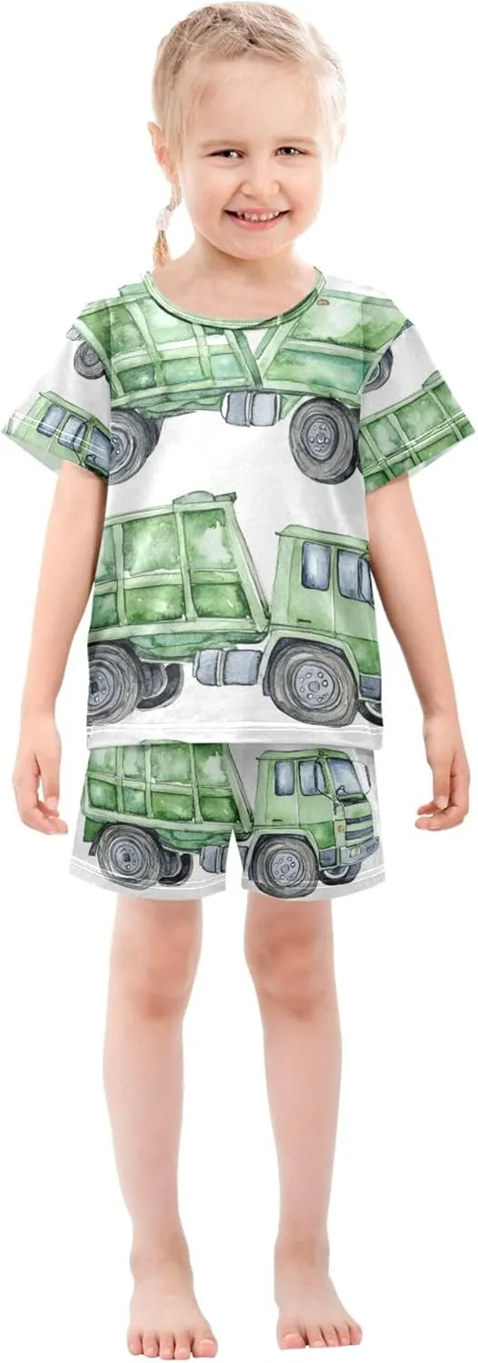 Watercolor Garbage Truck Summer Pajamas Short Set 2 Piece Sleepwear