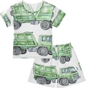 Watercolor Garbage Truck Summer Pajamas Short Set 2 Piece Sleepwear