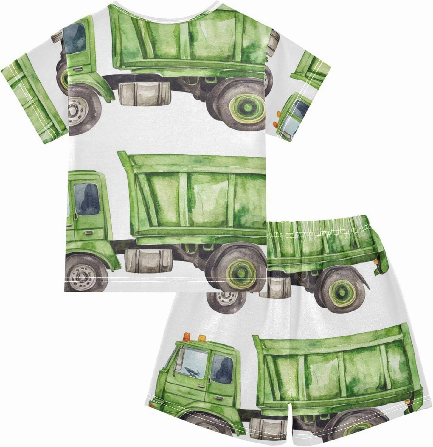 Watercolor Green Garbage Truck Summer Pajamas Short Set 2 Piece Sleepwear