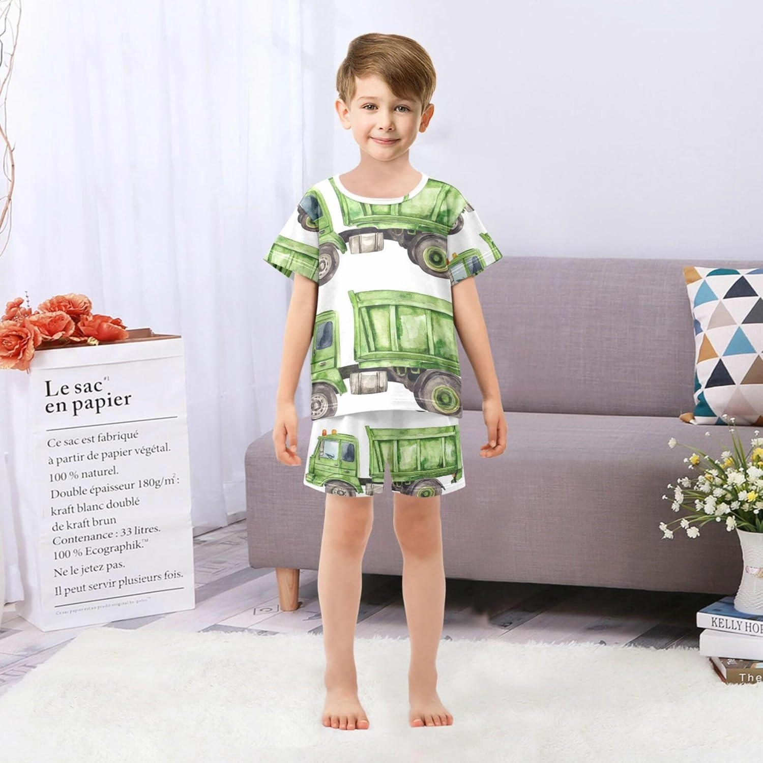 Watercolor Green Garbage Truck Summer Pajamas Short Set 2 Piece Sleepwear