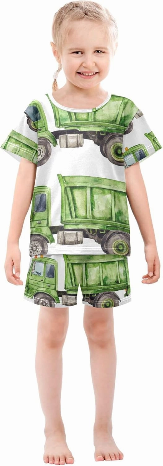Watercolor Green Garbage Truck Summer Pajamas Short Set 2 Piece Sleepwear