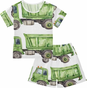 Watercolor Green Garbage Truck Summer Pajamas Short Set 2 Piece Sleepwear