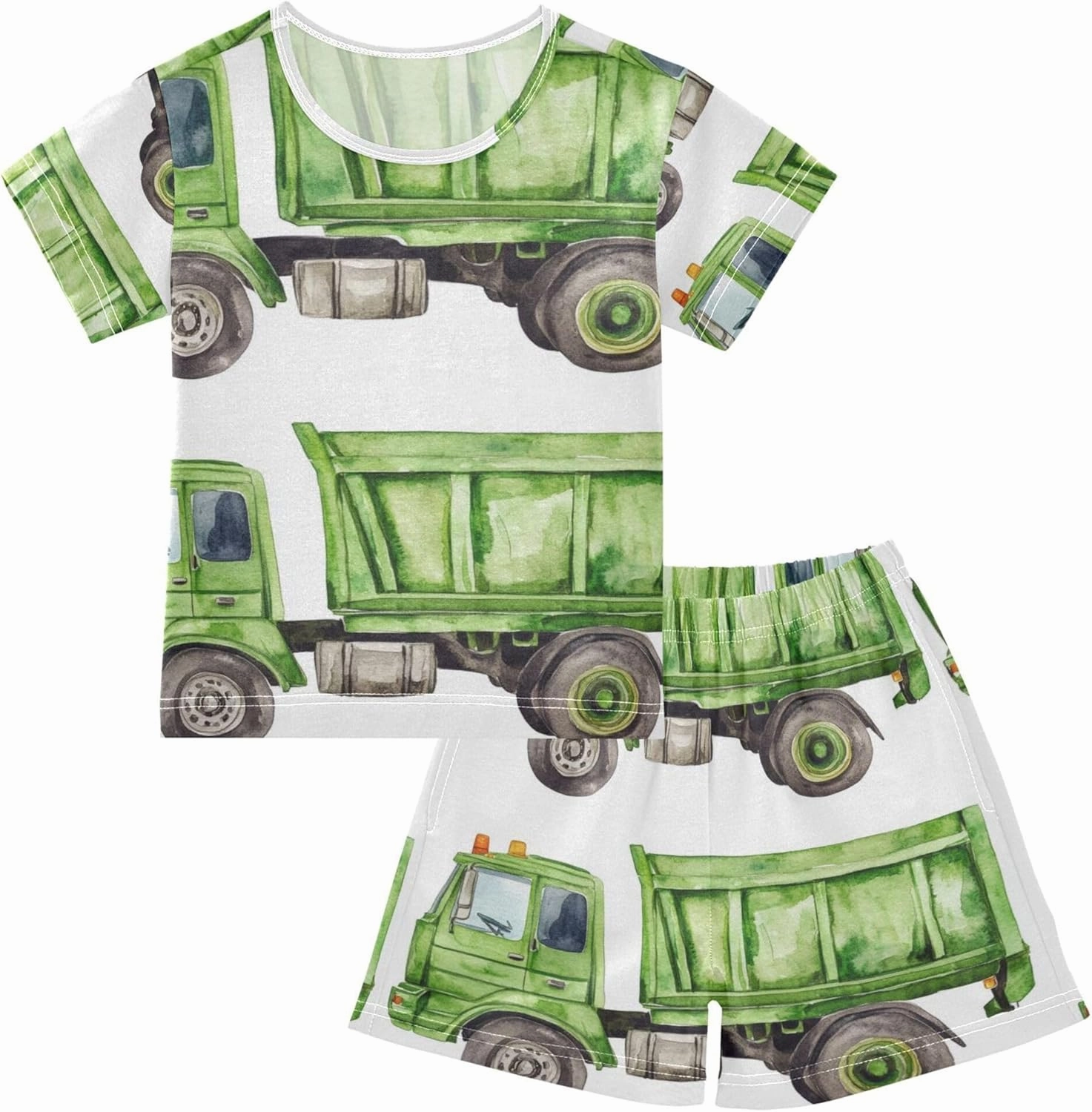 Watercolor Green Garbage Truck Summer Pajamas Short Set 2 Piece Sleepwear