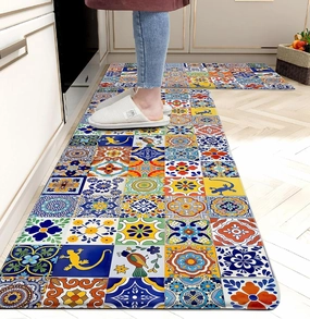 weesire Boho Kitchen Rugs Set 2 Pieces Memory Foam Colorful Ceramic Comfort Tile Floor Mat Anti Fatigue Non-Skid PVC Runner Rug Water & Oil Proof Carpet for Kitchen Laundry Sink,17.3x28 17.3x47 Inch