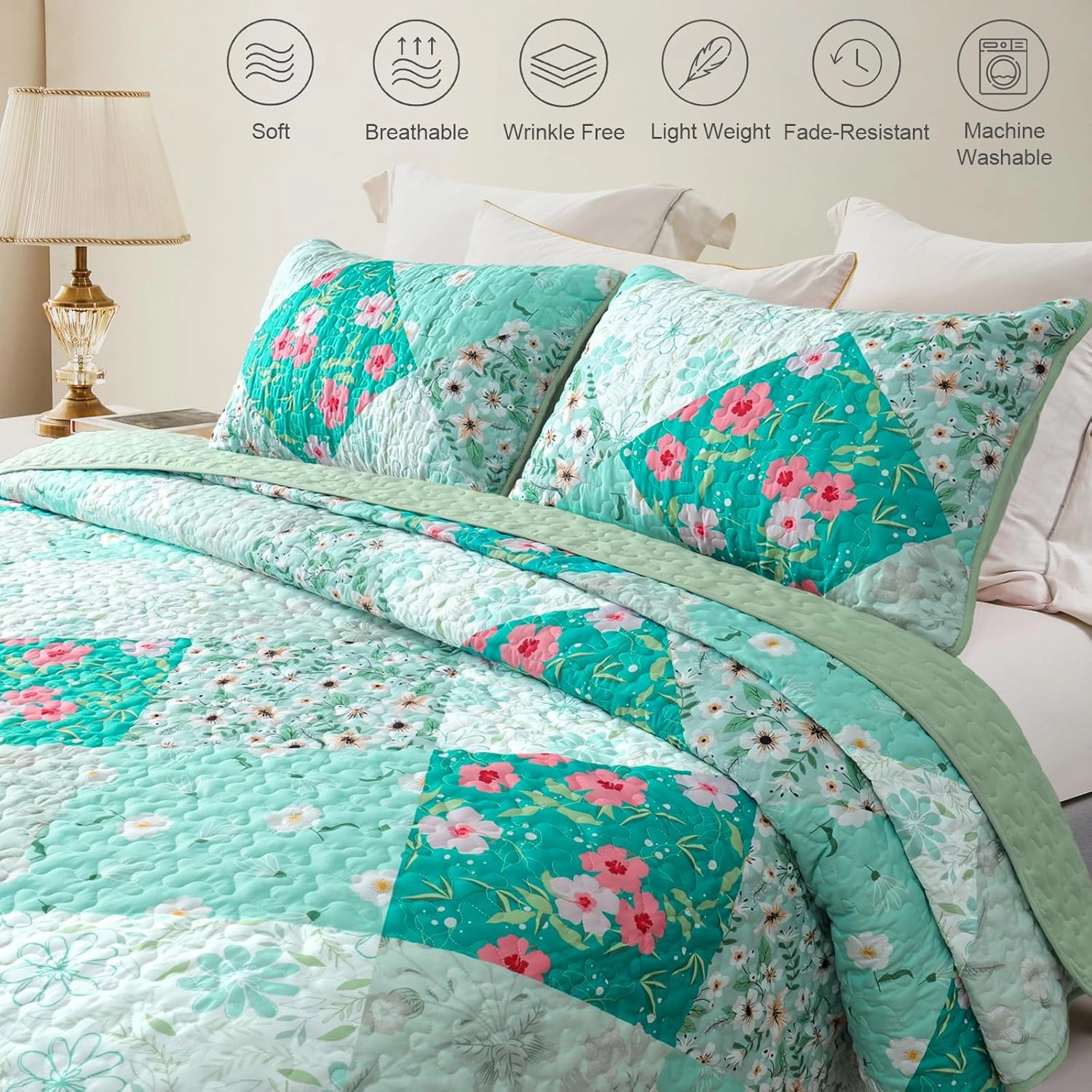 Whale Flotilla Reversible Patchwork Quilts Full Queen Size, Lightweight Boho Printed Bedspreads Coverlets Quilt Bedding Set with 2 Pillow Shams for All Seasons, Light Green
