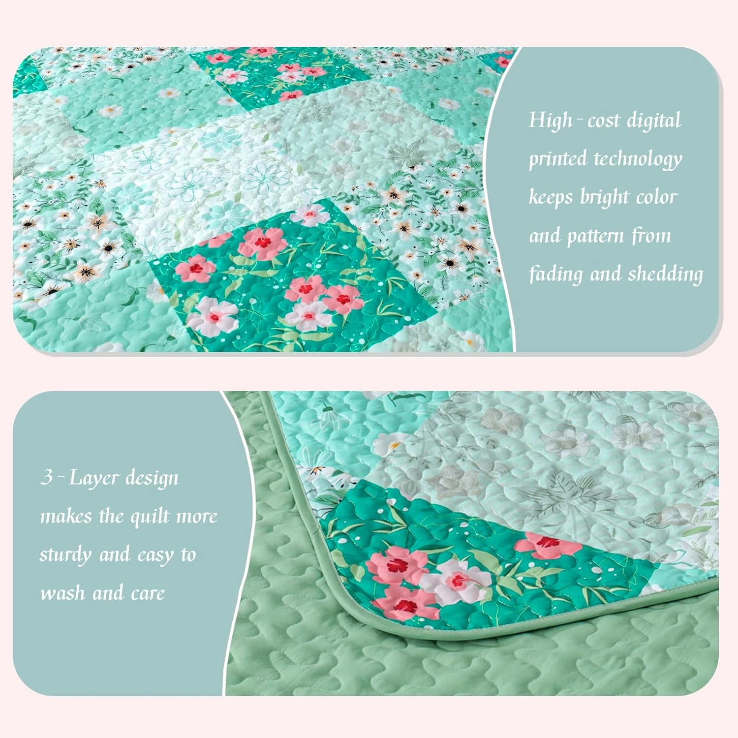Whale Flotilla Reversible Patchwork Quilts Full Queen Size, Lightweight Boho Printed Bedspreads Coverlets Quilt Bedding Set with 2 Pillow Shams for All Seasons, Light Green