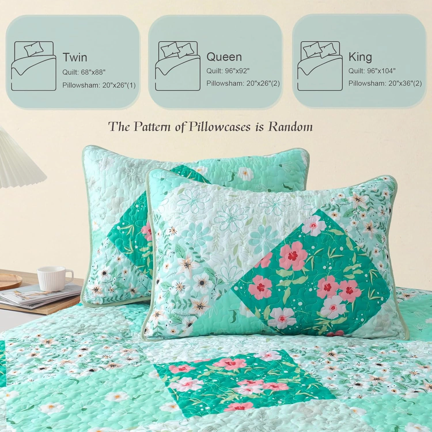 Whale Flotilla Reversible Patchwork Quilts Full Queen Size, Lightweight Boho Printed Bedspreads Coverlets Quilt Bedding Set with 2 Pillow Shams for All Seasons, Light Green