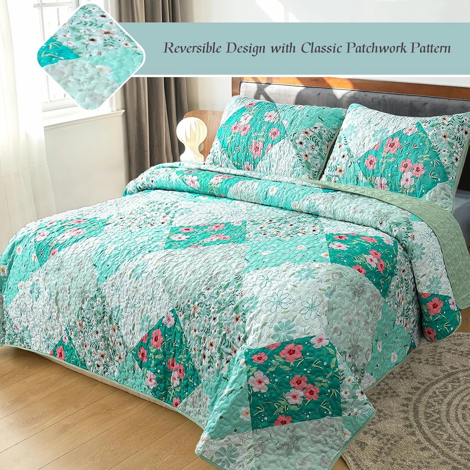 Whale Flotilla Reversible Patchwork Quilts Full Queen Size, Lightweight Boho Printed Bedspreads Coverlets Quilt Bedding Set with 2 Pillow Shams for All Seasons, Light Green