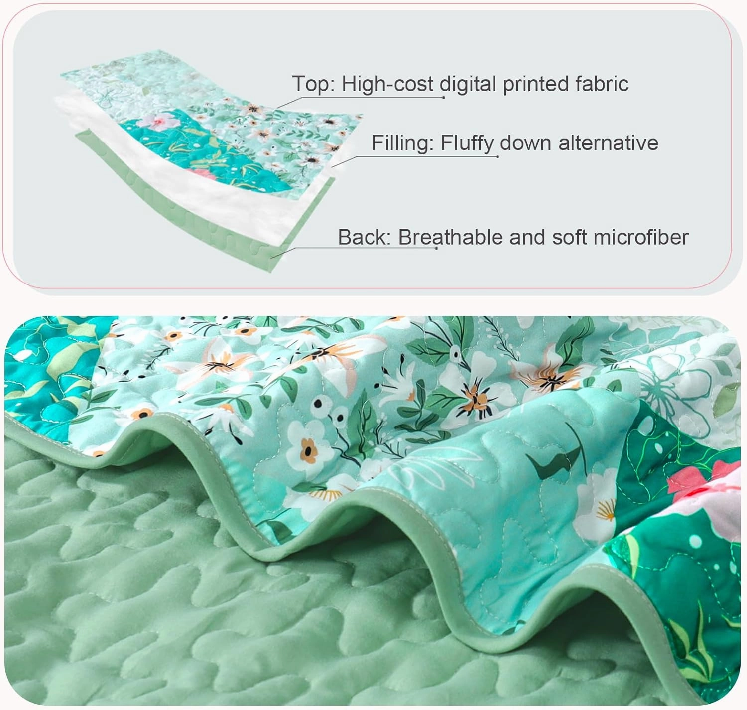 Whale Flotilla Reversible Patchwork Quilts Full Queen Size, Lightweight Boho Printed Bedspreads Coverlets Quilt Bedding Set with 2 Pillow Shams for All Seasons, Light Green