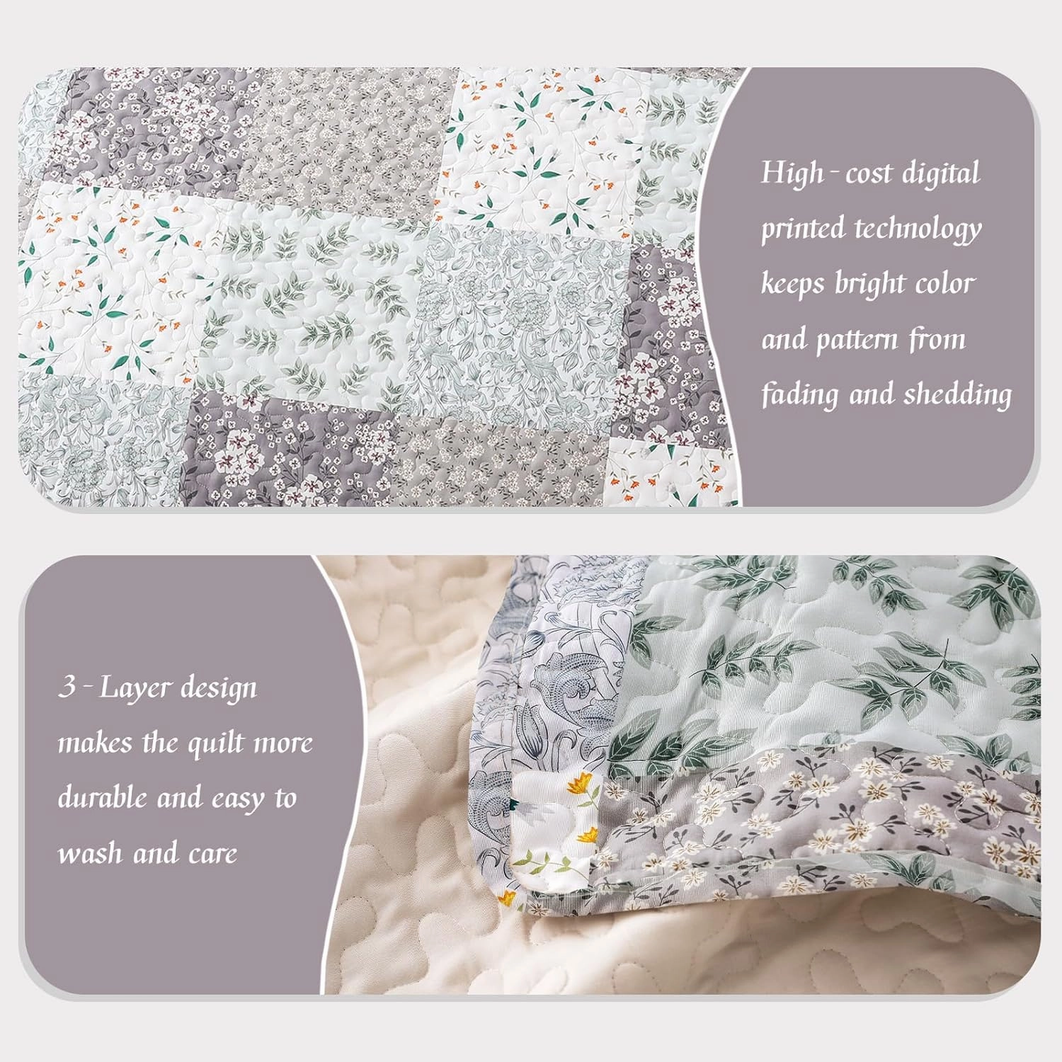 Whale Flotilla Reversible Patchwork Quilts Full Queen Size, Lightweight Boho Printed Bedspreads Coverlets Quilt Bedding Set with 2 Pillow Shams for All Seasons, Light Grey