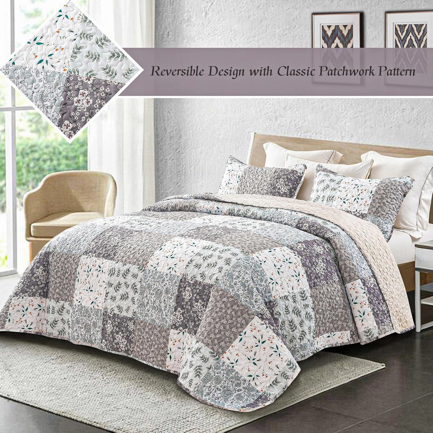 Whale Flotilla Reversible Patchwork Quilts Full Queen Size, Lightweight Boho Printed Bedspreads Coverlets Quilt Bedding Set with 2 Pillow Shams for All Seasons, Light Grey