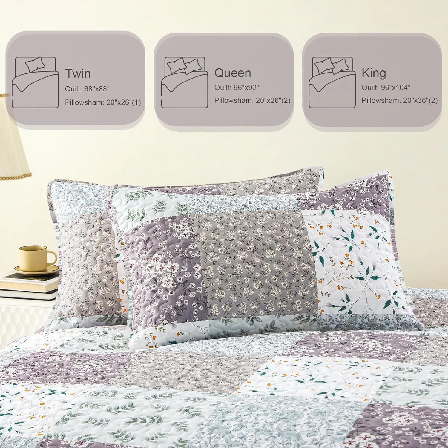 Whale Flotilla Reversible Patchwork Quilts Full Queen Size, Lightweight Boho Printed Bedspreads Coverlets Quilt Bedding Set with 2 Pillow Shams for All Seasons, Light Grey