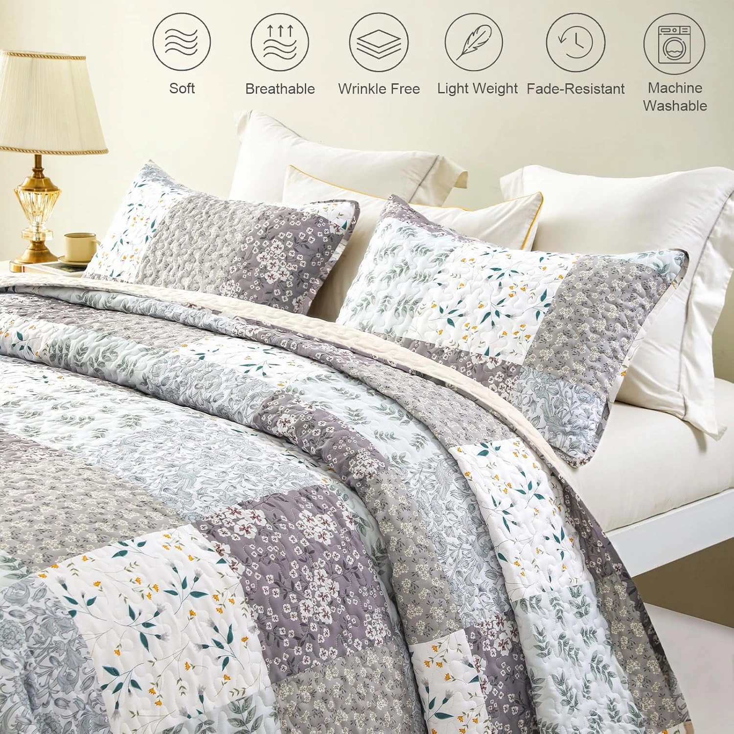 Whale Flotilla Reversible Patchwork Quilts Full Queen Size, Lightweight Boho Printed Bedspreads Coverlets Quilt Bedding Set with 2 Pillow Shams for All Seasons, Light Grey