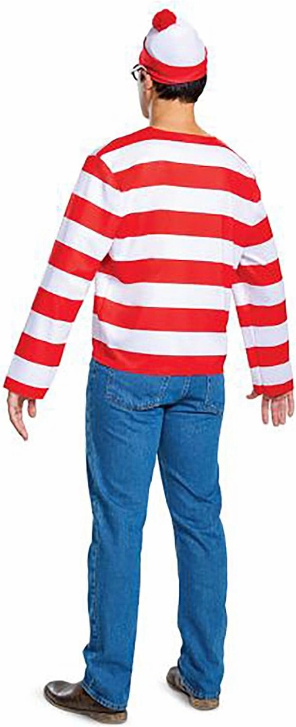 Wheres Waldo Halloween Costume, Official Adult Waldo Costume Set with Shirt and Cap with Glasses Outfit
