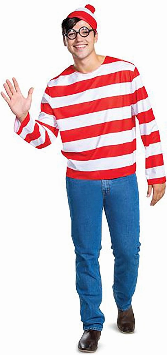 Wheres Waldo Halloween Costume, Official Adult Waldo Costume Set with Shirt and Cap with Glasses Outfit