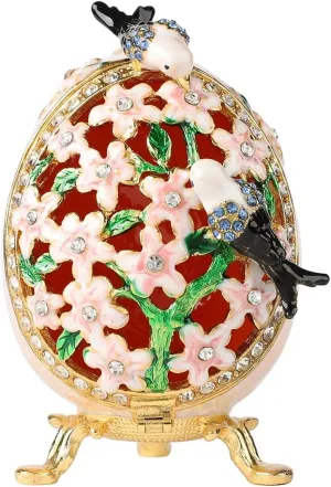 White Hollow Out Egg Trinket Boxes Hinged with Flower and Bird Hand-Painted Enamel Jewelry Box Animals Ornaments Craft Gift for Home Decor