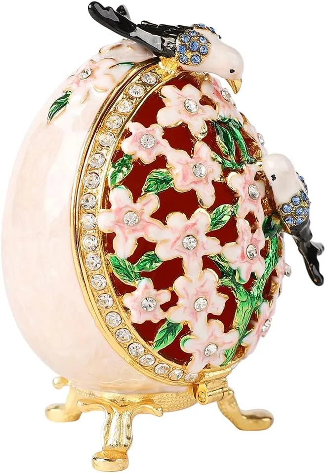 White Hollow Out Egg Trinket Boxes Hinged with Flower and Bird Hand-Painted Enamel Jewelry Box Animals Ornaments Craft Gift for Home Decor