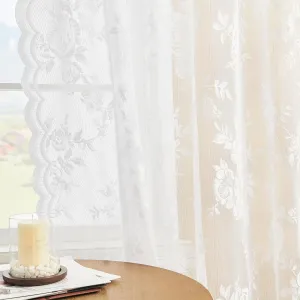 White Lace Curtains 54 Inch Length 2 Panels Set Victorian Floral Sheer Curtains for Kitchen Cafe Rod Pocket Light Filtering Drapes for Small Window Bedroom Decor, 52x54