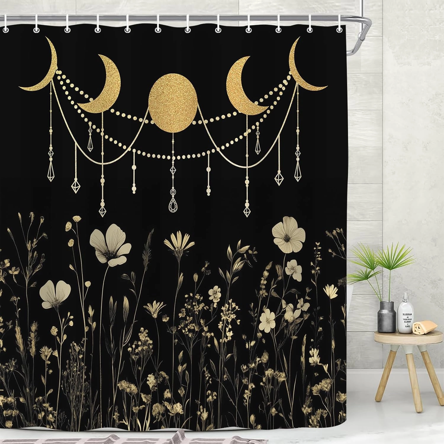 Wildflower Moon Phase Shower Curtain for Bathroom, Gold Dark Floral Rustic Botanical Plant Leaves Vintage Art Bath Curtain, Polyester Waterproof Shower Curtain Set with 12 Hooks 72"x72"