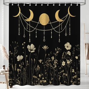Wildflower Moon Phase Shower Curtain for Bathroom, Gold Dark Floral Rustic Botanical Plant Leaves Vintage Art Bath Curtain, Polyester Waterproof Shower Curtain Set with 12 Hooks 72"x72"