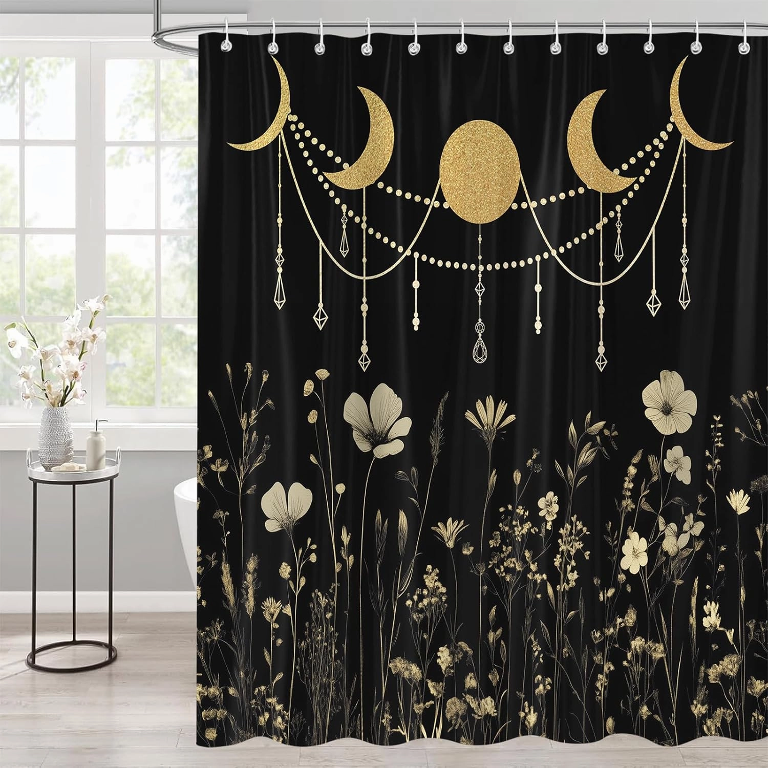 Wildflower Moon Phase Shower Curtain for Bathroom, Gold Dark Floral Rustic Botanical Plant Leaves Vintage Art Bath Curtain, Polyester Waterproof Shower Curtain Set with 12 Hooks 72"x72"