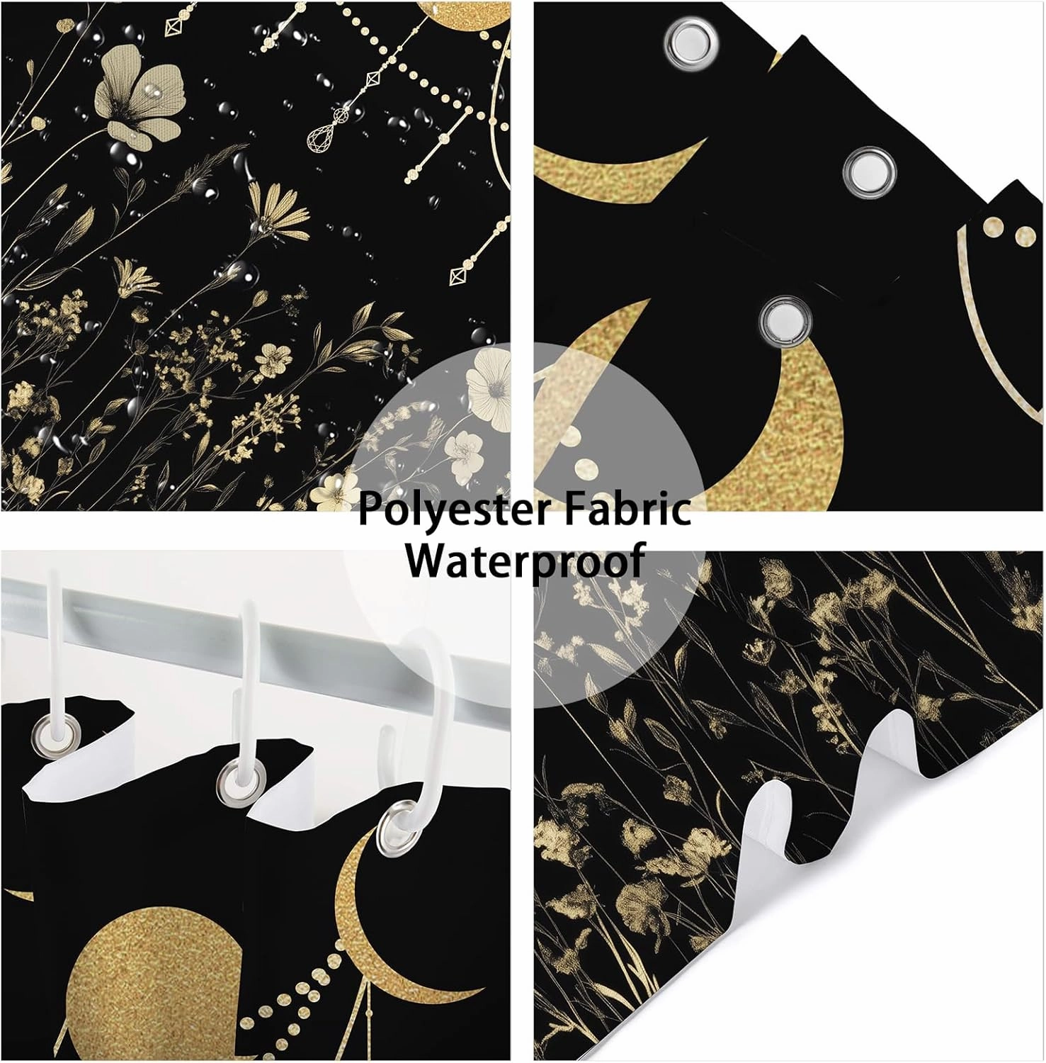 Wildflower Moon Phase Shower Curtain for Bathroom, Gold Dark Floral Rustic Botanical Plant Leaves Vintage Art Bath Curtain, Polyester Waterproof Shower Curtain Set with 12 Hooks 72"x72"