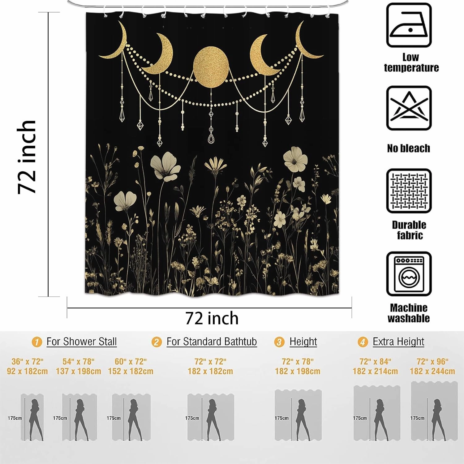 Wildflower Moon Phase Shower Curtain for Bathroom, Gold Dark Floral Rustic Botanical Plant Leaves Vintage Art Bath Curtain, Polyester Waterproof Shower Curtain Set with 12 Hooks 72"x72"